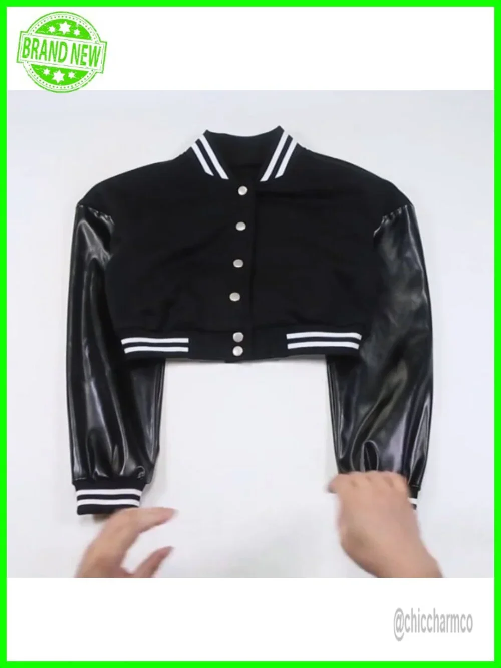 Women Color Block Crop Fleece Baseball Jacket Button Down Bomber Coat